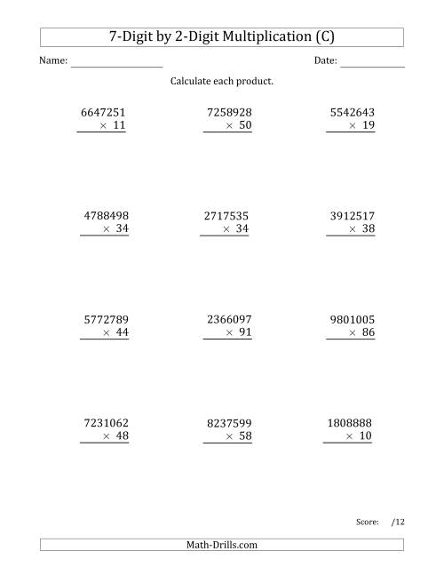 The Multiplying 7-Digit by 2-Digit Numbers (C) Math Worksheet