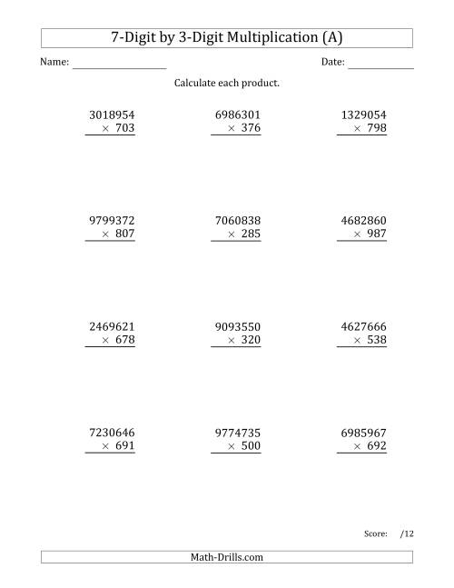 The Multiplying 7-Digit by 3-Digit Numbers (A) Math Worksheet