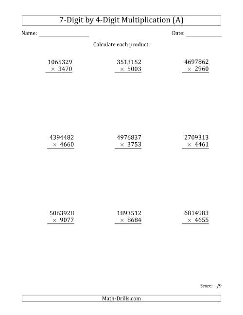 The Multiplying 7-Digit by 4-Digit Numbers (A) Math Worksheet