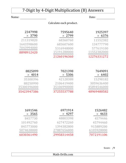 The Multiplying 7-Digit by 4-Digit Numbers (B) Math Worksheet Page 2