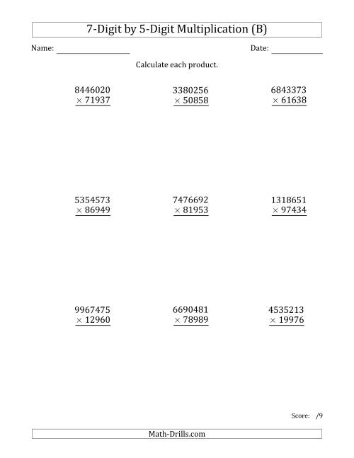 The Multiplying 7-Digit by 5-Digit Numbers (B) Math Worksheet