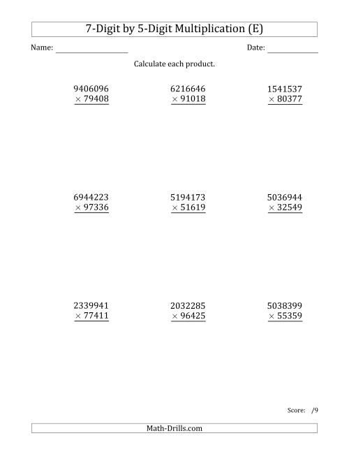The Multiplying 7-Digit by 5-Digit Numbers (E) Math Worksheet