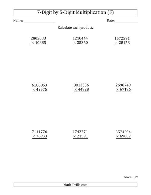 The Multiplying 7-Digit by 5-Digit Numbers (F) Math Worksheet