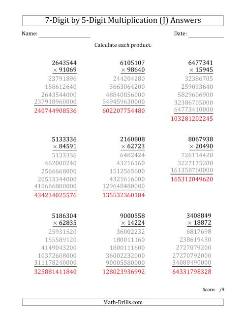 The Multiplying 7-Digit by 5-Digit Numbers (J) Math Worksheet Page 2