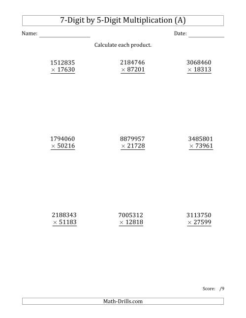 The Multiplying 7-Digit by 5-Digit Numbers (All) Math Worksheet