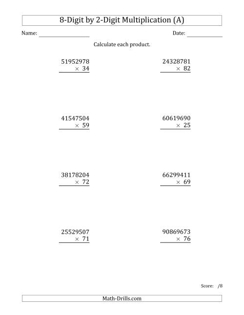 The Multiplying 8-Digit by 2-Digit Numbers (A) Math Worksheet