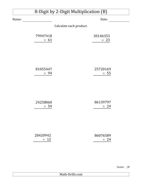 The Multiplying 8-Digit by 2-Digit Numbers (B) Math Worksheet