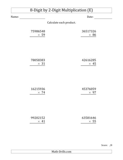 The Multiplying 8-Digit by 2-Digit Numbers (E) Math Worksheet