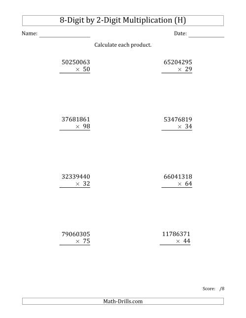 The Multiplying 8-Digit by 2-Digit Numbers (H) Math Worksheet