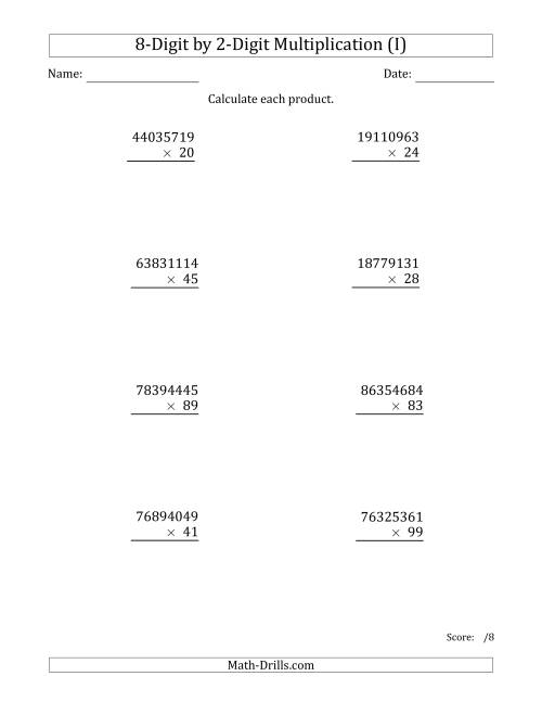 The Multiplying 8-Digit by 2-Digit Numbers (I) Math Worksheet