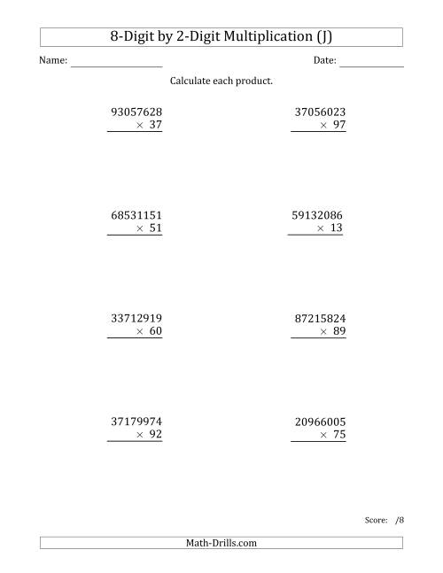 The Multiplying 8-Digit by 2-Digit Numbers (J) Math Worksheet