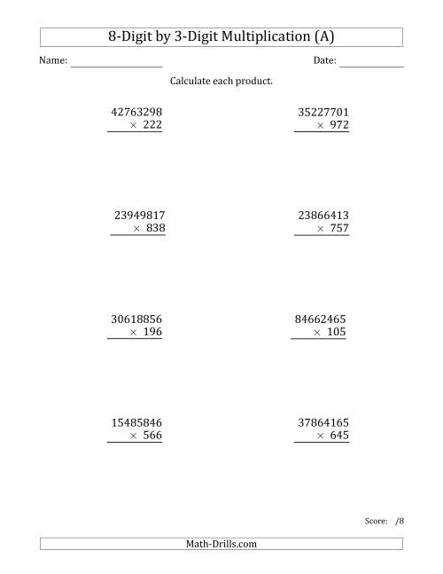 The Multiplying 8-Digit by 3-Digit Numbers (A) Math Worksheet