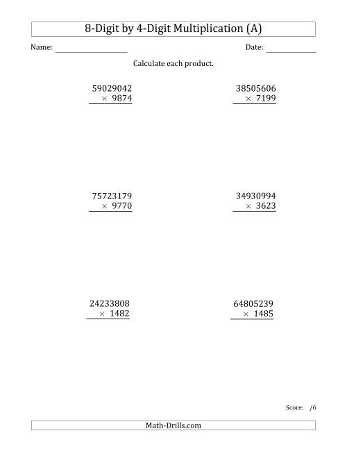 The Multiplying 8-Digit by 4-Digit Numbers (A) Math Worksheet