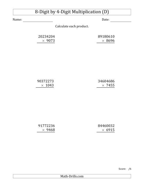 The Multiplying 8-Digit by 4-Digit Numbers (D) Math Worksheet