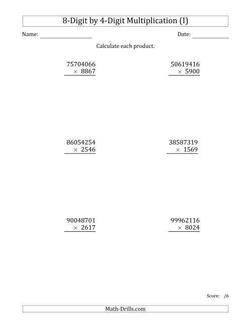 The Multiplying 8-Digit by 4-Digit Numbers (I) Math Worksheet
