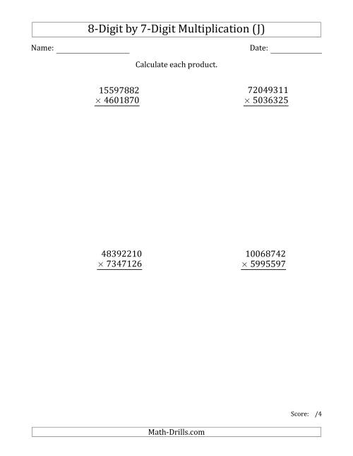 The Multiplying 8-Digit by 7-Digit Numbers (J) Math Worksheet
