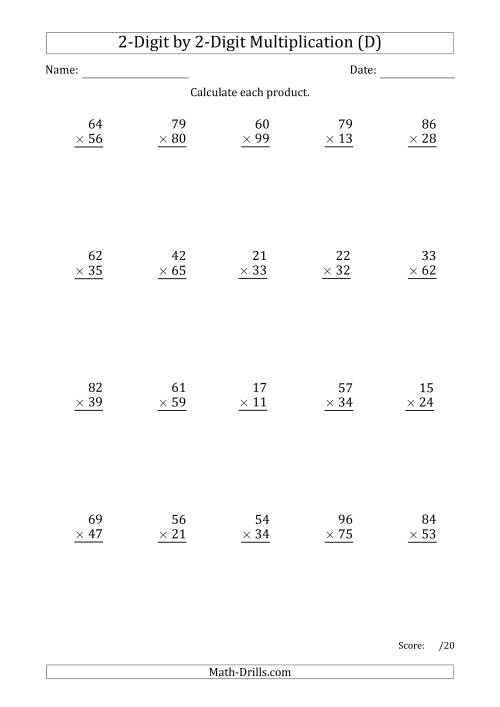 The Multiplying 2-Digit by 2-Digit Numbers with Period-Separated Thousands (D) Math Worksheet