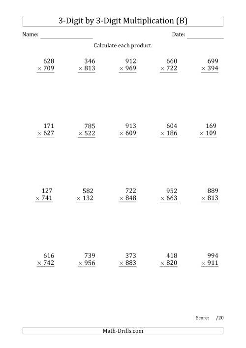 The Multiplying 3-Digit by 3-Digit Numbers with Period-Separated Thousands (B) Math Worksheet
