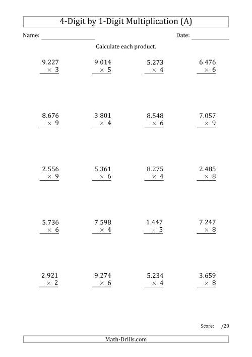 The Multiplying 4-Digit by 1-Digit Numbers with Period-Separated Thousands (All) Math Worksheet