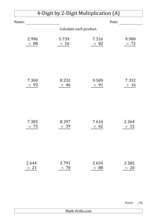 The Multiplying 4-Digit by 2-Digit Numbers with Period-Separated Thousands (A) Math Worksheet
