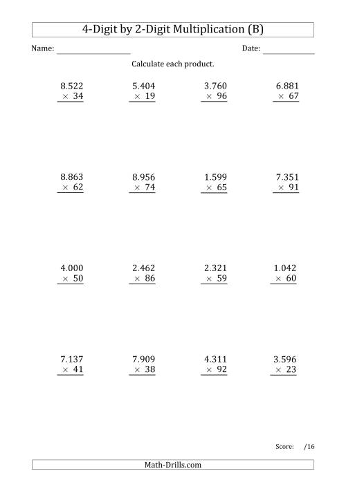 The Multiplying 4-Digit by 2-Digit Numbers with Period-Separated Thousands (B) Math Worksheet