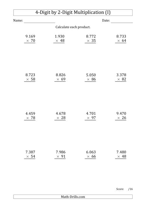 The Multiplying 4-Digit by 2-Digit Numbers with Period-Separated Thousands (I) Math Worksheet
