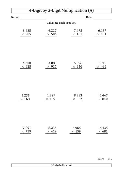 The Multiplying 4-Digit by 3-Digit Numbers with Period-Separated Thousands (A) Math Worksheet
