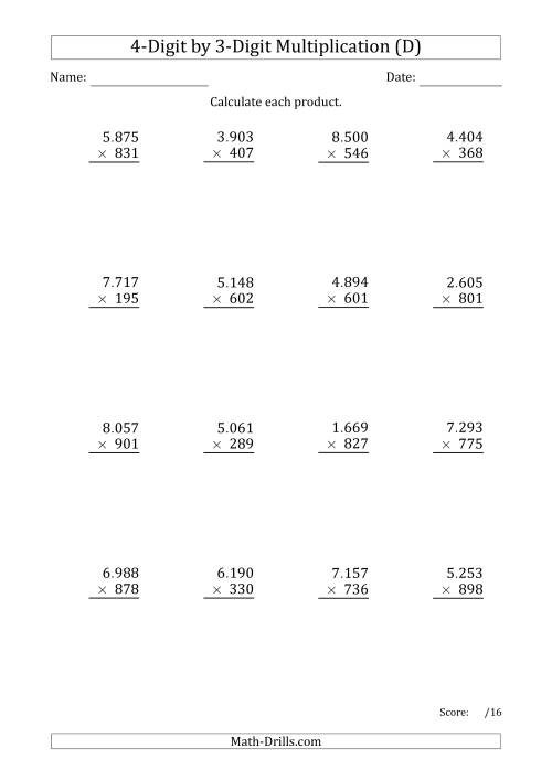 The Multiplying 4-Digit by 3-Digit Numbers with Period-Separated Thousands (D) Math Worksheet