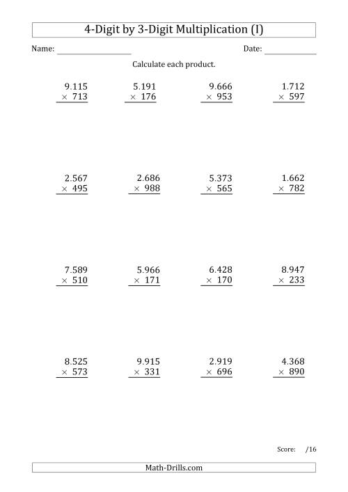 The Multiplying 4-Digit by 3-Digit Numbers with Period-Separated Thousands (I) Math Worksheet