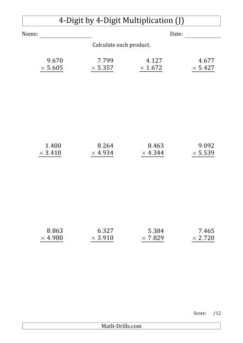 The Multiplying 4-Digit by 4-Digit Numbers with Period-Separated Thousands (J) Math Worksheet