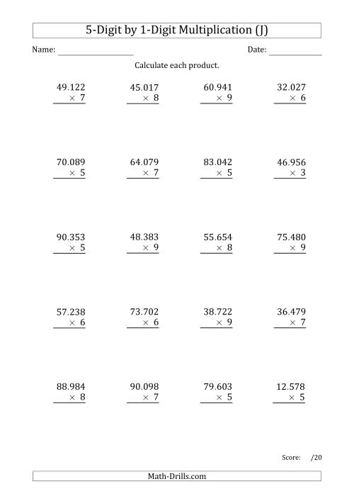 The Multiplying 5-Digit by 1-Digit Numbers with Period-Separated Thousands (J) Math Worksheet