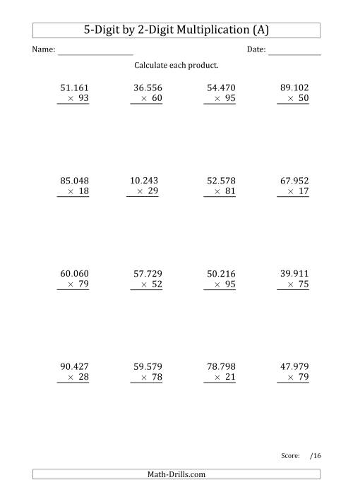 The Multiplying 5-Digit by 2-Digit Numbers with Period-Separated Thousands (A) Math Worksheet