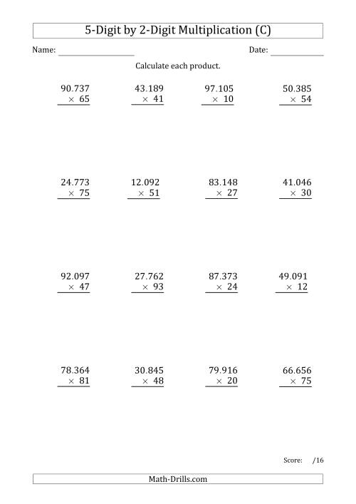 The Multiplying 5-Digit by 2-Digit Numbers with Period-Separated Thousands (C) Math Worksheet