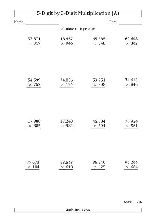 The Multiplying 5-Digit by 3-Digit Numbers with Period-Separated Thousands (All) Math Worksheet