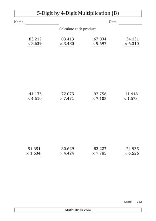 The Multiplying 5-Digit by 4-Digit Numbers with Period-Separated Thousands (B) Math Worksheet