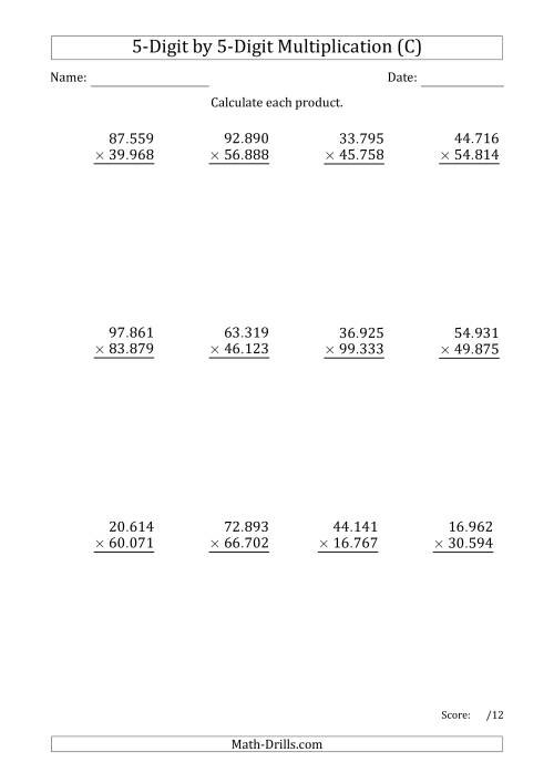 The Multiplying 5-Digit by 5-Digit Numbers with Period-Separated Thousands (C) Math Worksheet