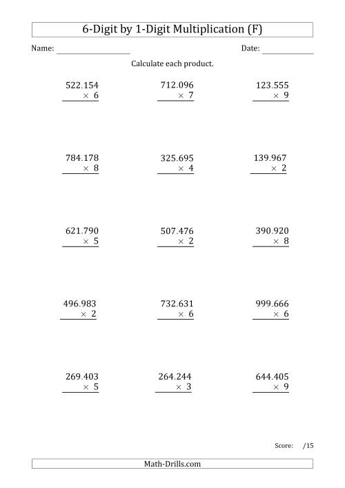 The Multiplying 6-Digit by 1-Digit Numbers with Period-Separated Thousands (F) Math Worksheet