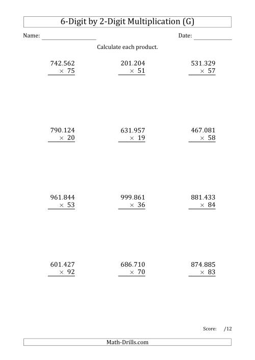 The Multiplying 6-Digit by 2-Digit Numbers with Period-Separated Thousands (G) Math Worksheet