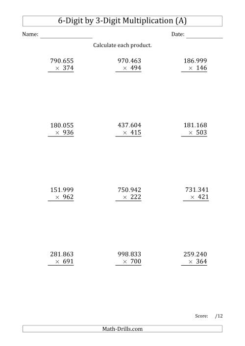 The Multiplying 6-Digit by 3-Digit Numbers with Period-Separated Thousands (A) Math Worksheet