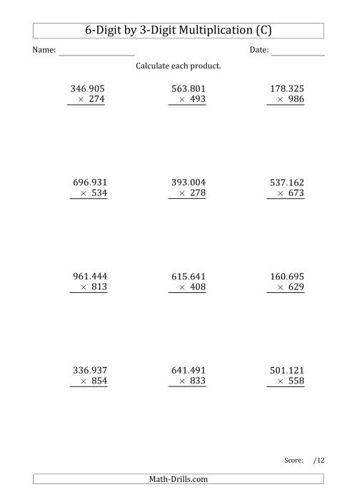 The Multiplying 6-Digit by 3-Digit Numbers with Period-Separated Thousands (C) Math Worksheet