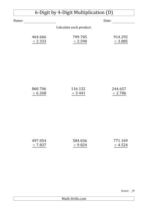 The Multiplying 6-Digit by 4-Digit Numbers with Period-Separated Thousands (D) Math Worksheet