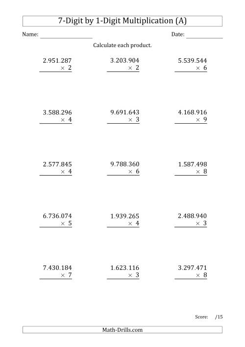 The Multiplying 7-Digit by 1-Digit Numbers with Period-Separated Thousands (A) Math Worksheet