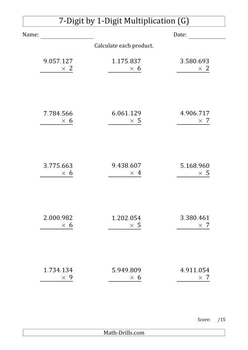 The Multiplying 7-Digit by 1-Digit Numbers with Period-Separated Thousands (G) Math Worksheet