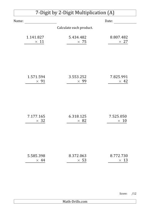 The Multiplying 7-Digit by 2-Digit Numbers with Period-Separated Thousands (A) Math Worksheet