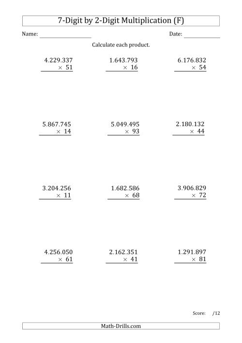 The Multiplying 7-Digit by 2-Digit Numbers with Period-Separated Thousands (F) Math Worksheet
