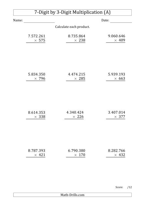 The Multiplying 7-Digit by 3-Digit Numbers with Period-Separated Thousands (A) Math Worksheet