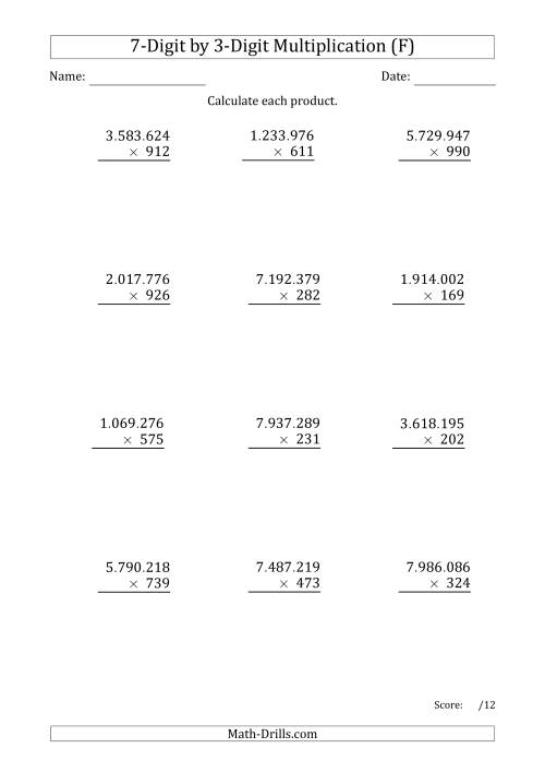 The Multiplying 7-Digit by 3-Digit Numbers with Period-Separated Thousands (F) Math Worksheet