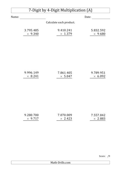 The Multiplying 7-Digit by 4-Digit Numbers with Period-Separated Thousands (A) Math Worksheet