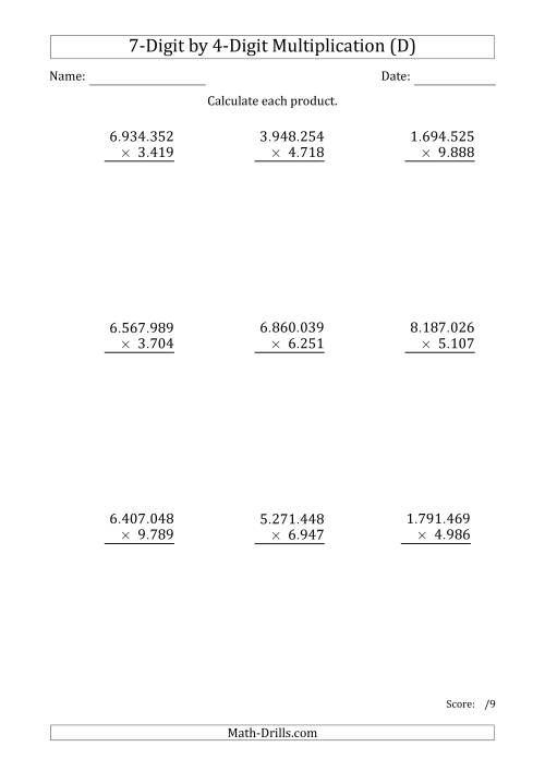 The Multiplying 7-Digit by 4-Digit Numbers with Period-Separated Thousands (D) Math Worksheet