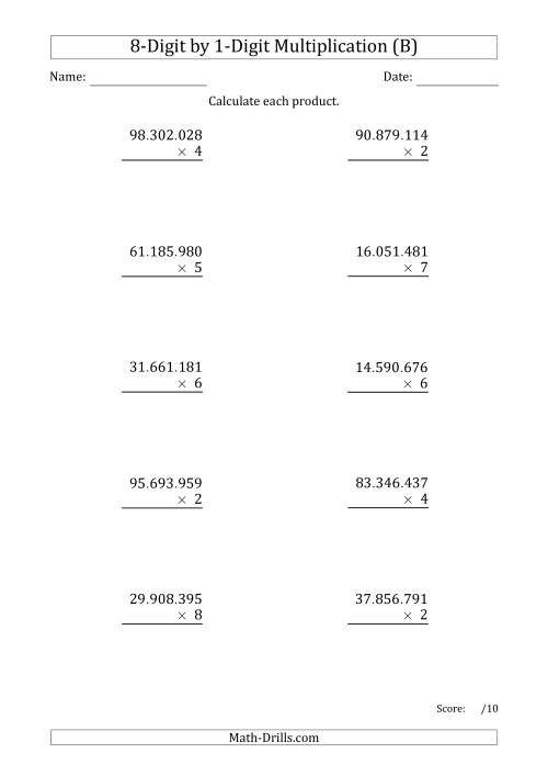 The Multiplying 8-Digit by 1-Digit Numbers with Period-Separated Thousands (B) Math Worksheet